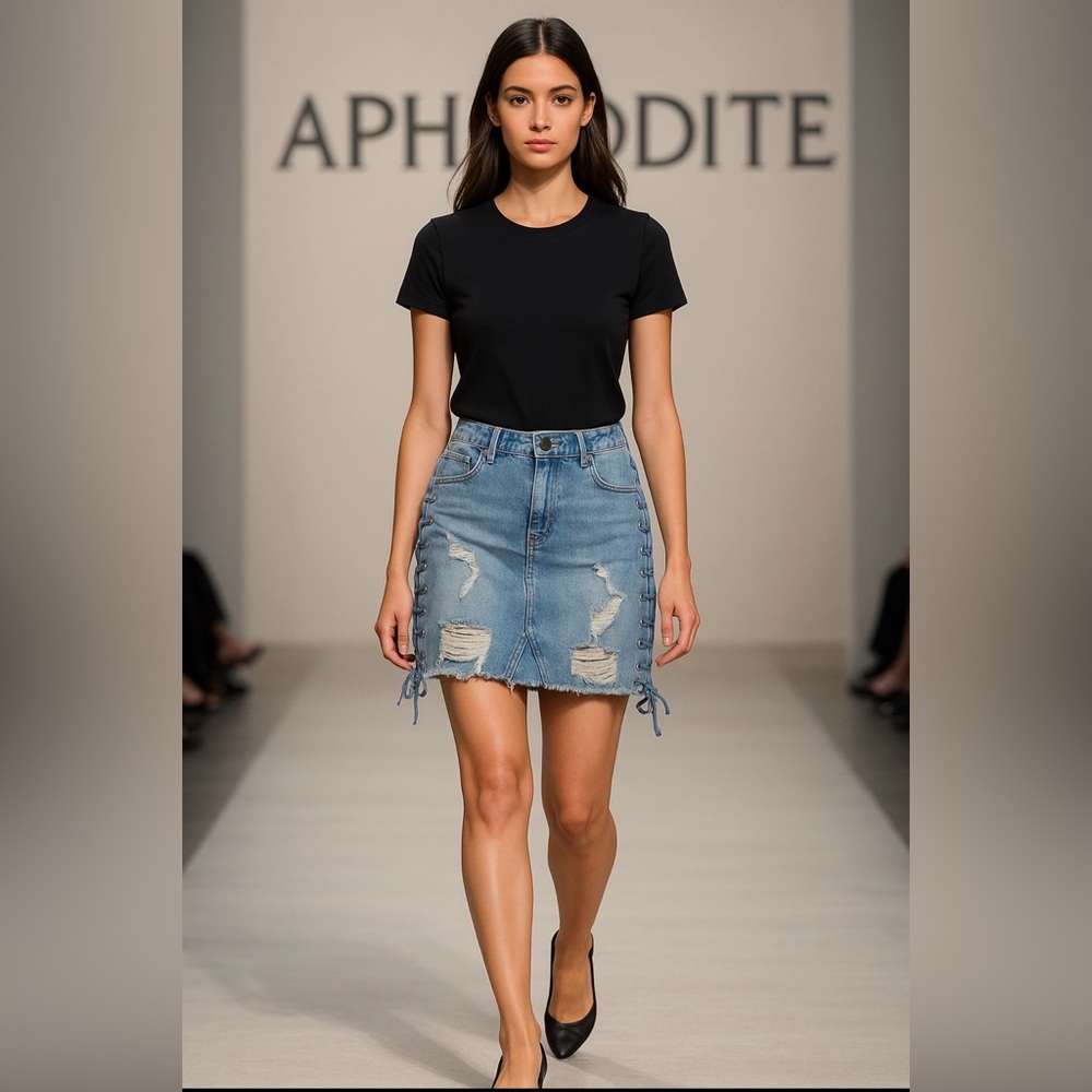 Aphrodite Blue Lace-Up Distressed Mini Skirt